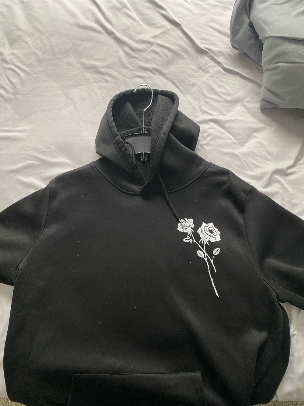 Black Hoodie with White Rose Graphic